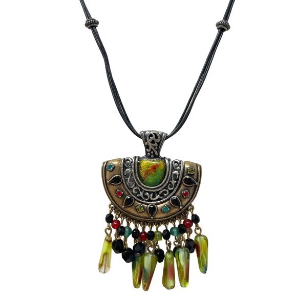 Chicos Boho Statement Necklace Beads Colorful Accents‎ Black Cord - Picture 4 of 7